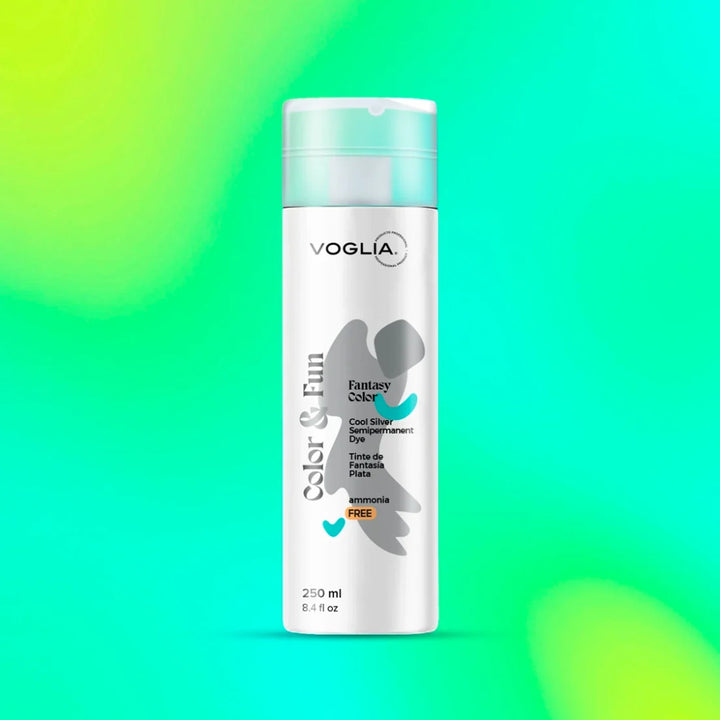 Color & Fun Cool Silver dye bottle with vibrant background